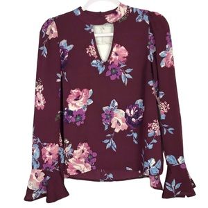 Living Doll Floral Keyhole BellSleeve Burgundy Spring Unique Blouse Size Small S